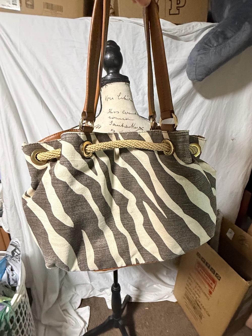 Michael Kors Zebra Print Canvas Drawstring Tote Bag with Rope & Leather Tassel - Picture 3 of 4